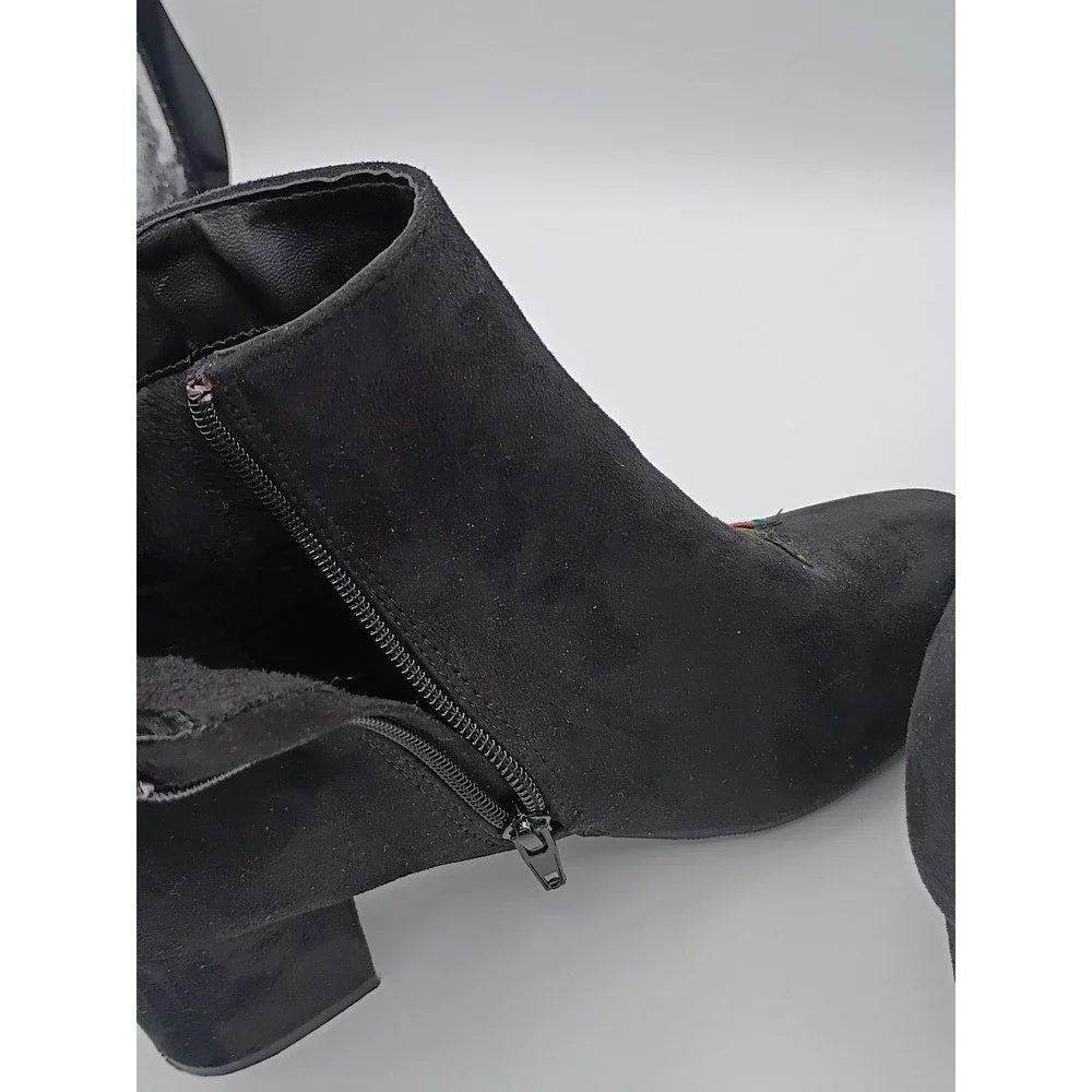 Bamboo Women Floral Embroidered Ankle Boots Black 7.5 Block Heel Boho